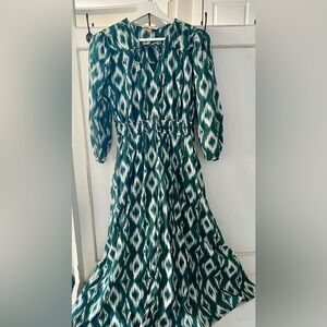 DownEast Green and Ivory Midi Dress with Pockets